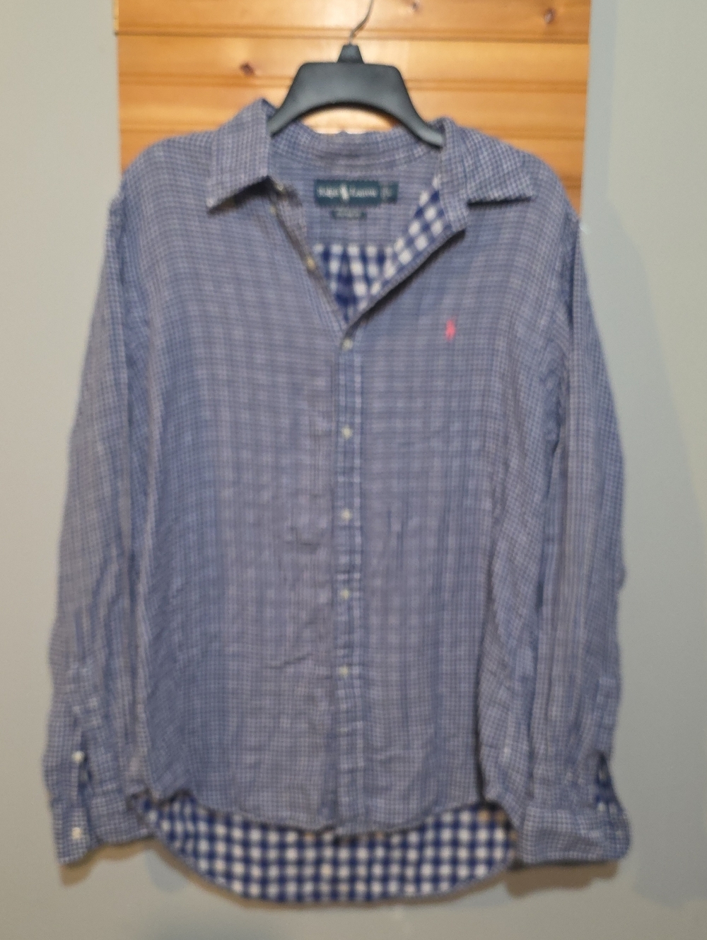 Ralph Lauren Custom Fit Blue White Gingham Button Down Shirt Size L GUC